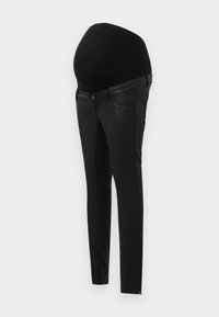 Zwarte zwangerschapsbroek met een aansluitend ontwerp, rekbare stof, ritsdetails bij de enkels en een hoge, elastische tailleband voor comfort.