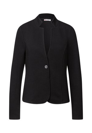 Černý texturovaný blazer s dlouhým rukávem a jediným stříbrným zapínáním, bez límce.