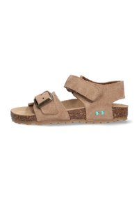 Sandal in suede beige con due cinturini regolabili, uno dei quali con una fibbia metallica. Presenta una soletta in sughero testurizzato e due accenti turchesi.