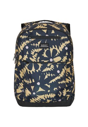Backpack made of durable fabric with a navy background, featuring a floral pattern in yellow and pink, a front zip pocket, and a logo.