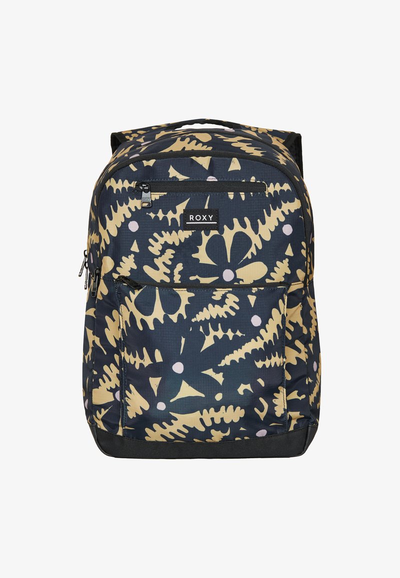 Reppu, joka on valmistettu kestävästä kankaasta, tummansinisellä taustalla, jossa on keltainen ja vaaleanpunainen kukkakuosi, etuosa vetoketjulla ja logolla.