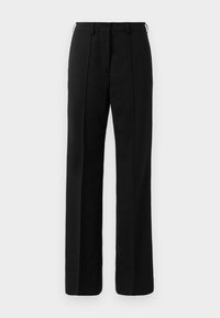 Pantaloni negri, drepți, tailoring, cu bucle pentru centură și detalii de cute pe partea din față, expuși pe un fundal neutru.