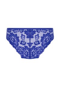 Blauwe kant hipster slip met bloemenpatronen en een gegolfde rand. Gemaakt van delicaat kant met een netachtige textuur.