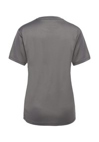 Szara koszulka z krótkim rękawem i okrągłym dekoltem, wykonana z tkaniny o gładkiej fakturze. Charakteryzuje się gładkimi krawędziami i brakiem widocznych szwów na plecach.