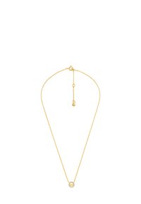 Halskette in Goldton mit zarter Kette und kreisförmigem Anhänger, der ein funkelndes Design zeigt. Verstellbare Länge mit Karabinerverschluss.