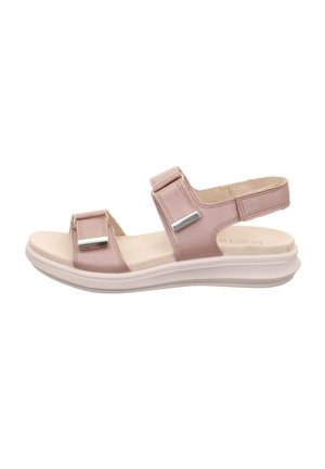 Rosa Leder-Sandalen mit zwei verstellbaren Riemen, ausgestattet mit silbernen Hardware-Accents und einer gepolsterten weißen Gummisohle.