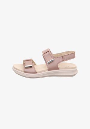 Rosa Leder-Sandalen mit zwei verstellbaren Riemen, ausgestattet mit silbernen Hardware-Accents und einer gepolsterten weißen Gummisohle.