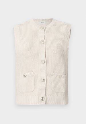 Gilet sans manches en beige clair avec un col rond, fermeture à boutons sur le devant, deux poches taille et boutons décoratifs.