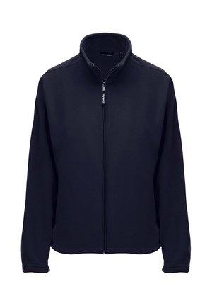 Giacca in pile navy con colletto alto, zip completa, maniche lunghe e polsini elasticizzati. Tessuto morbido, design minimalista, senza motivi visibili.
