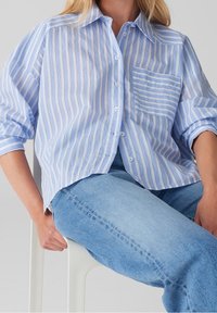 Personne assise sur une chaise blanche portant une chemise à rayures bleues et blanches boutonnée et un jean bleu clair, avec les manches retroussées.