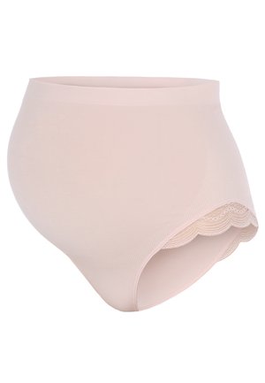 Perizoma beige a vita alta realizzato in tessuto liscio, con un bordo in pizzo lungo le aperture delle gambe, dotato di un design senza cuciture per maggiore comfort.