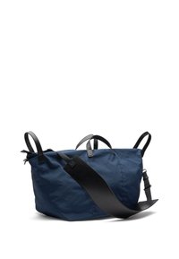 Borsa a spalla in tessuto blu navale con manici in pelle nera e un'ampia spallina. Dotata di chiusura a zip e di un interno spazioso.