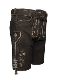 Zwarte leren shorts met intricatete bloemdecoraties, een decoratieve riem met een ronde gesp en kantaccenten aan de zijkant.