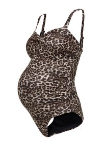 Kupaći kostim za trudnice s uzorkom leoparda, izrađen od rastezljivog materijala, s podesivim trakama i nabranim dizajnom za udobnost.