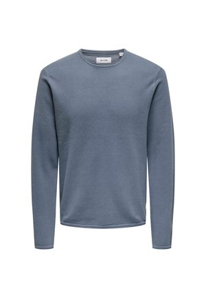 Ilgas rankoves puloveris, tekstūruota medžiaga, švelnios mėlynos spalvos. Su gumbeliais ant rankovių ir apačios, turi etiketę prie kaklo.