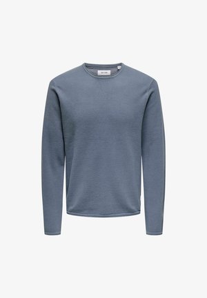 Long-sleeve crew neck sweater, textured fabric, in a soft blue color. Features ribbed cuffs and hem, with a label at the neckline.