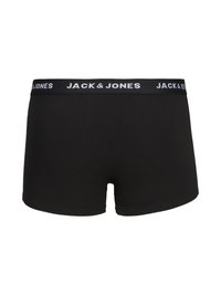 Schwarze Boxershorts aus weichem Stoff, mit einem breiten elastischen Bund und weißem "JACK & JONES"-Logo. Glatte Textur, figurnahes Design.