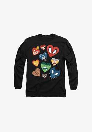 Schwarzes Langarm-T-Shirt mit bunten Cartoon-Herzfiguren, die verschiedene Gesichtsausdrücke und Superheldenmasken tragen.