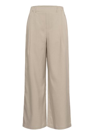 Beežid laia lõikega püksid tekstuurse kangaga, millel on kõrge vöökoht, ees voldid ja puhas ääreliist. Vertikaalsed triibud lisavad peent detaili.