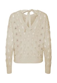 Maglione lavorato a maglia di un beige chiaro con scollo a V e dettaglio con lacci posteriori, caratterizzato da un motivo texturizzato e in pizzo, con polsini e orlo a coste.