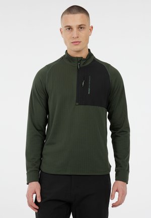 Groene kwart-rits pullover van textuurstof, met een effen zwart borstpaneel voorzien van een ritszak en een logo-detail aan de zijkant.