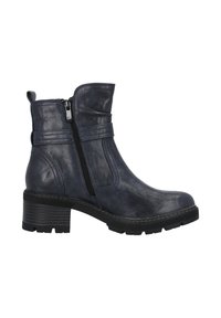 Botas de tobillo azul marino hechas de cuero texturizado, con cremallera lateral y un tacón apilado con suela estriada para mayor tracción.