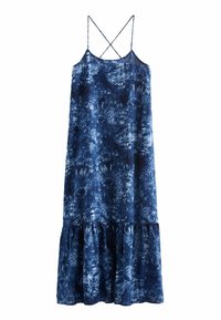 Abito senza maniche di colore blu navy con un motivo tie-dye, dotato di un orlo a balze fluente e spalline incrociate sul retro. Tessuto morbido e leggero.