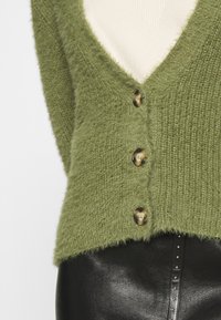 Zelený, chlupatý cardigan s designem do V, který má tři velké hnědé knoflíky. Spárovaný s černou sukní z umělé kůže s černými cvočky.