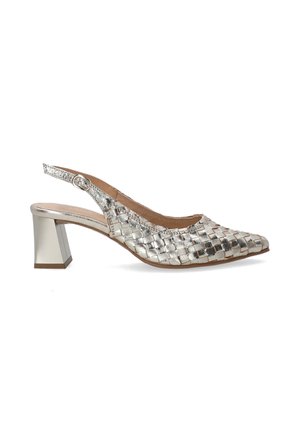 Silver woven slingback shoe with a square heel, featuring a textured upper and smooth accents, designed for a secure fit.