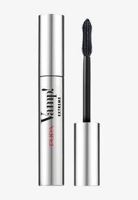 Mascara Pupa Vamp! Extreme in tubo argento con scritte rosse, dotato di applicatore con setole nere per volumizzare e separare le ciglia.