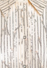 Beige shirt met een verticaal zwart en zilver gestreept patroon, versierd met pailletten. Voorzien van een puntige kraag en een zilveren knoopsluiting.