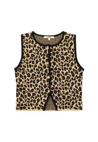 Leopardenmuster-brauner Cropped-Westen in Beigefarben und Schwarz mit goldenen Knöpfen und festem Saum. Verfügt über ein ärmelloses Design und strukturierte Stoff.