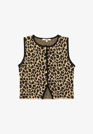 Chaleco recortado de leopardo en beige y negro con botones dorados y bordes sólidos. Presenta un diseño sin mangas y una tela texturizada.