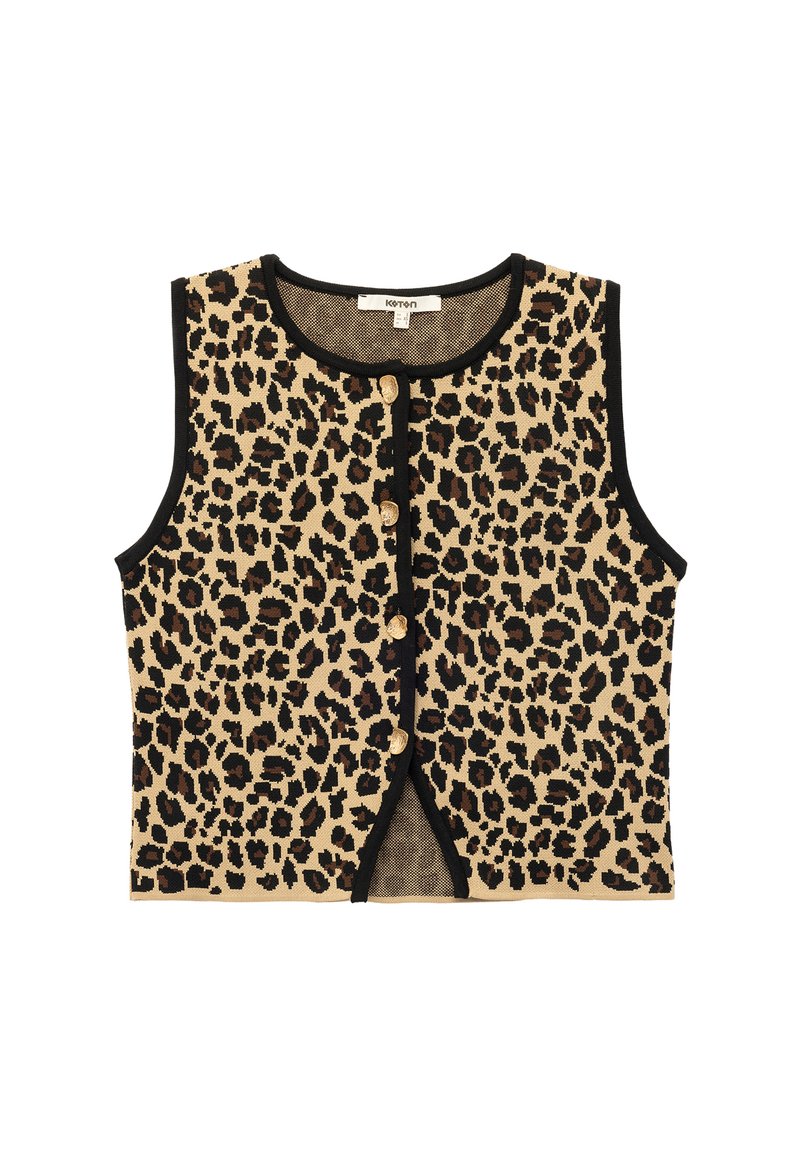 Leopardenmuster-brauner Cropped-Westen in Beigefarben und Schwarz mit goldenen Knöpfen und festem Saum. Verfügt über ein ärmelloses Design und strukturierte Stoff.