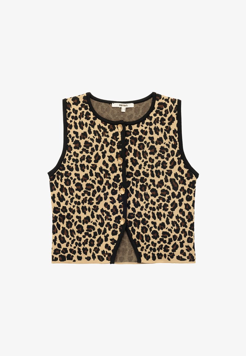 Beżowy i czarny top w cętki z odsłoniętymi ramionami, z złotymi guzikami i solidnymi wykończeniami. Ma konstrukcję bez rękawów oraz teksturowany materiał.