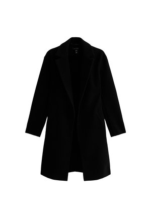 Black long coat with a notched lapel, open front, and long sleeves. Made of solid fabric with no visible patterns or hardware details.