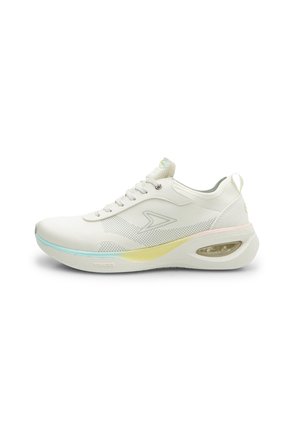 White athletic shoe with a textured upper, pastel accents, and a visible air cushioning unit in the sole. Features metal eyelets and laces.