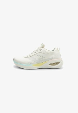 Chaussure de sport blanche avec une tige texturée, des accents pastel et une unité de coussin d'air visible dans la semelle. Dispose d'œillets en métal et de lacets.