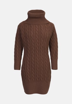 Abito maglione marrone con collo alto a costine, motivo a treccia testurizzato, maniche a tre quarti e silhouette aderente.