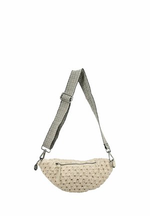 Beige hæklede skuldertaske med sort og hvid justerbar rem med diamantmønster og frontlynlåslomme.