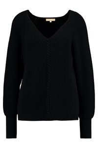 Černý pletený svetr s dlouhým rukávem, výstřihem do V a centrálním vzorem z copánků, s pružnými manžetami a měkkou texturovanou tkaninou.