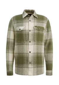 Groen en beige geruite blouse met lange mouwen, knopen aan de voorkant en twee borstzakken, waarvan één met een klep en knoopsluiting.