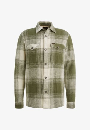 Grün-beige karierter Langarmhemd mit durchgehender Knopfleiste und zwei Brusttaschen, eine mit Klappe und Knopfverschluß.