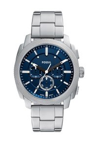 Fossil men's chronograph watch with a blue textured dial, silver-tone stainless steel case, and bracelet. Features multiple sub-dials and textured bezel.