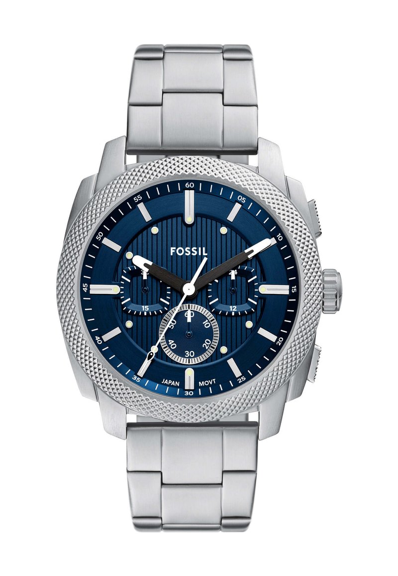 Fossil men's chronograph watch with a blue textured dial, silver-tone stainless steel case, and bracelet. Features multiple sub-dials and textured bezel.