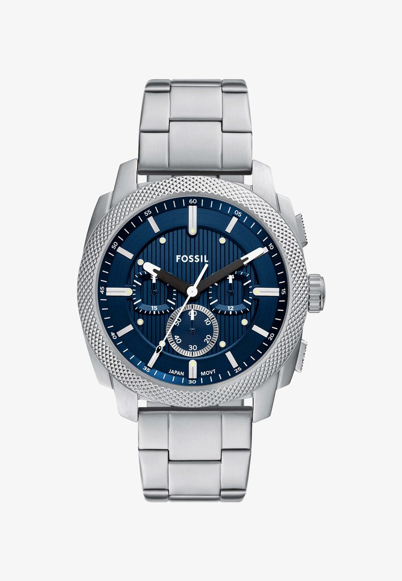 Fossil men's chronograph watch with a blue textured dial, silver-tone stainless steel case, and bracelet. Features multiple sub-dials and textured bezel.