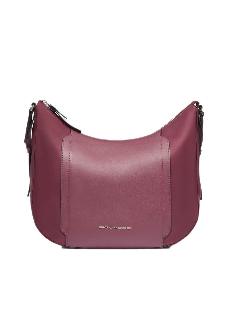 Lederschultertasche in Tiefrosa mit glatter Oberfläche, ausgestattet mit einem Reißverschluss und kontrastierenden Akzenten. Markenlogo vorne.