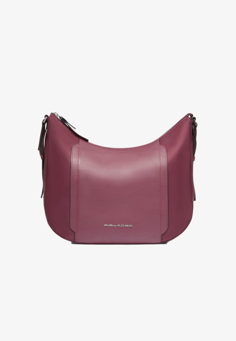 Lederschultertasche in Tiefrosa mit glatter Oberfläche, ausgestattet mit einem Reißverschluss und kontrastierenden Akzenten. Markenlogo vorne.