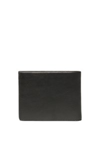Cartera de cuero negro con una textura suave, forma rectangular y diseño minimalista; presenta un borde cosido y sin herrajes visibles.