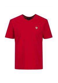 Rotes T-Shirt mit kurzen Ärmeln und V-Ausschnitt. Verfügt über ein kleines Emblem auf der linken Brust. Hergestellt aus glattem Baumwollmaterial.